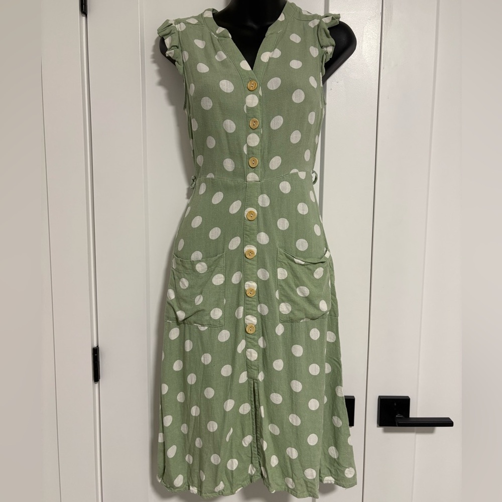 Monteau Green Polka Dot Sleeveless Midi Dress Women's Size XS